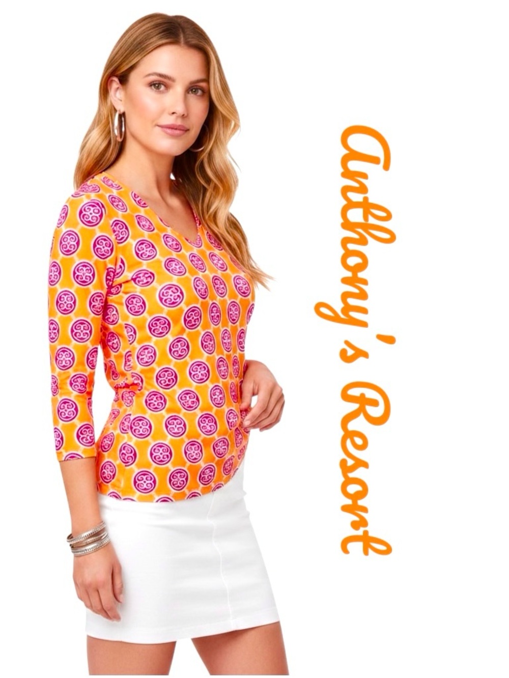 Anthony’s Resort Top Florida By Lulu-B UPF50+ Geometric Print 3/4 Sleeve Shirt L